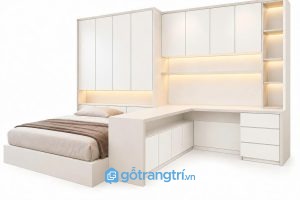 Bàn làm việc liền giường ngủ gỗ công nghiệp hiện đại GHS-4067 - 3000x2400x2400mm - Màu trắng - GHS-4067f