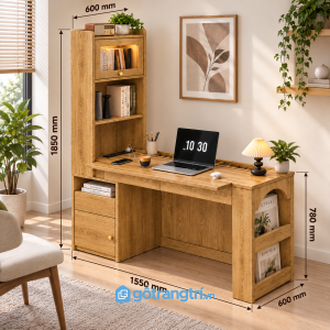 Bàn làm việc liền kệ sách 1550mm – gọn bàn, rộng chỗ lưu trữ