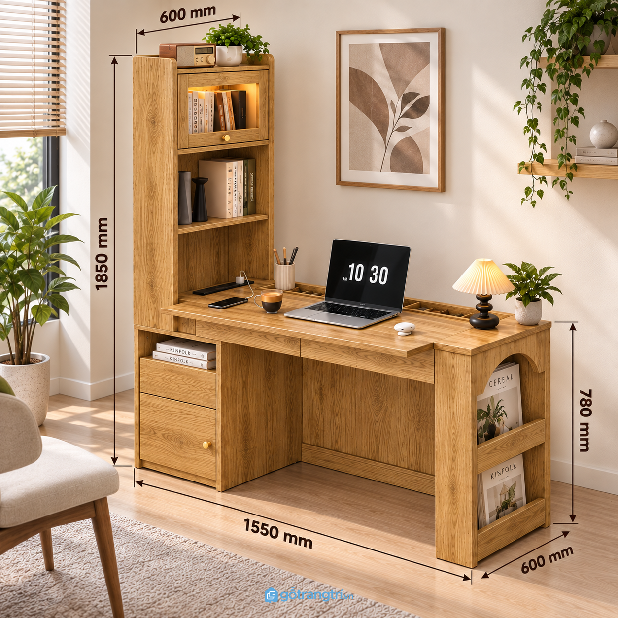 Bàn làm việc liền kệ sách 1550mm – gọn bàn, rộng chỗ lưu trữ
