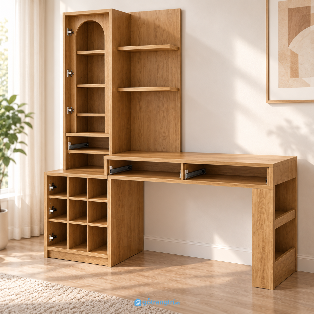 Bàn làm việc liền tủ kính màu gỗ sáng 1m65 GHS-4062 - hình ảnh thực tế 1