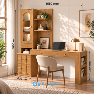Bàn làm việc liền tủ kính màu gỗ sáng tiện nghi