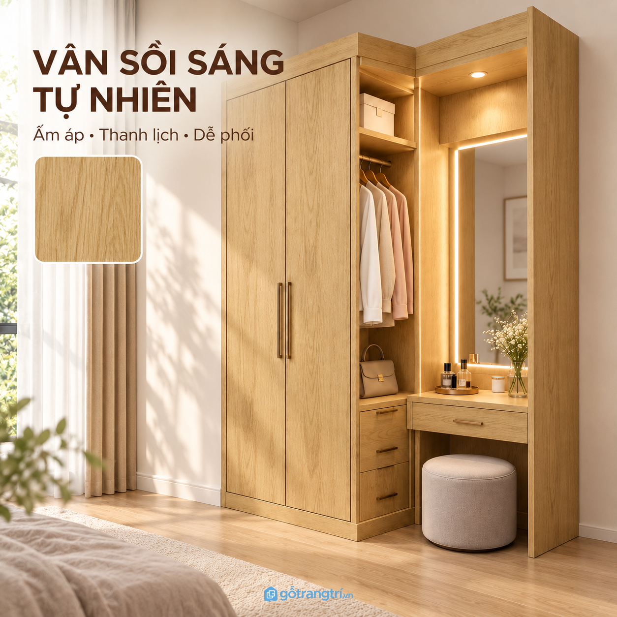 Bàn trang điểm có gương đèn tiện cho góc thay đồ