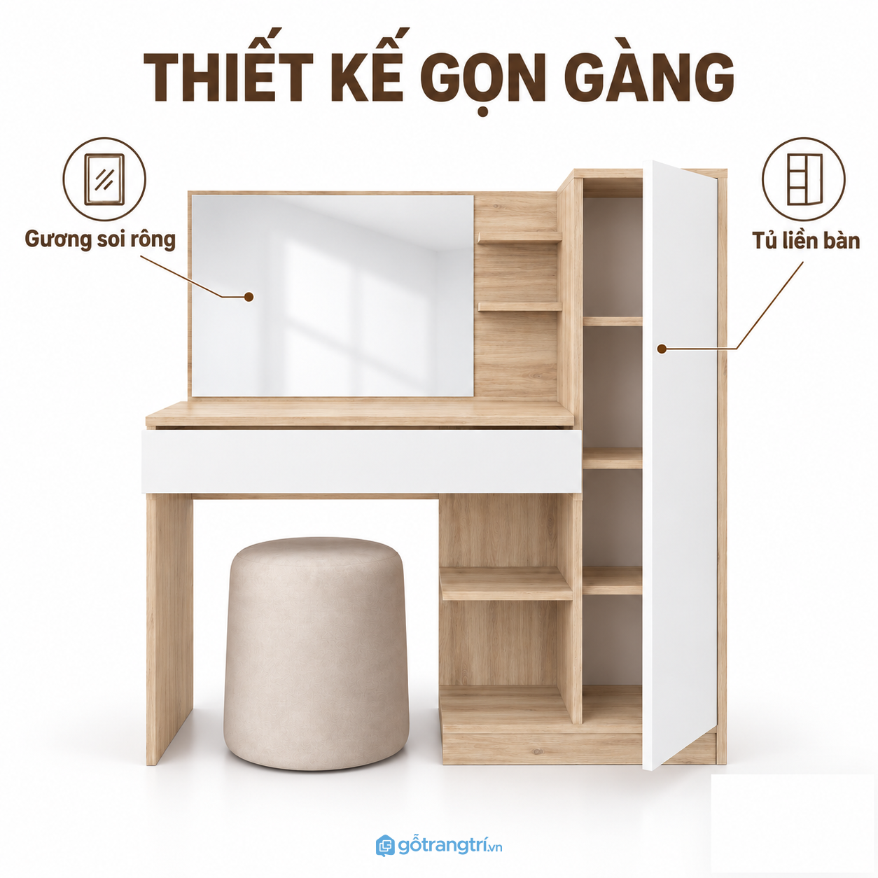 Thiết kế bàn trang điểm liền tủ gọn gàng