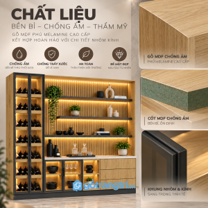 Bề mặt gỗ dễ phối, đèn LED làm nổi bật khu vực trưng bày