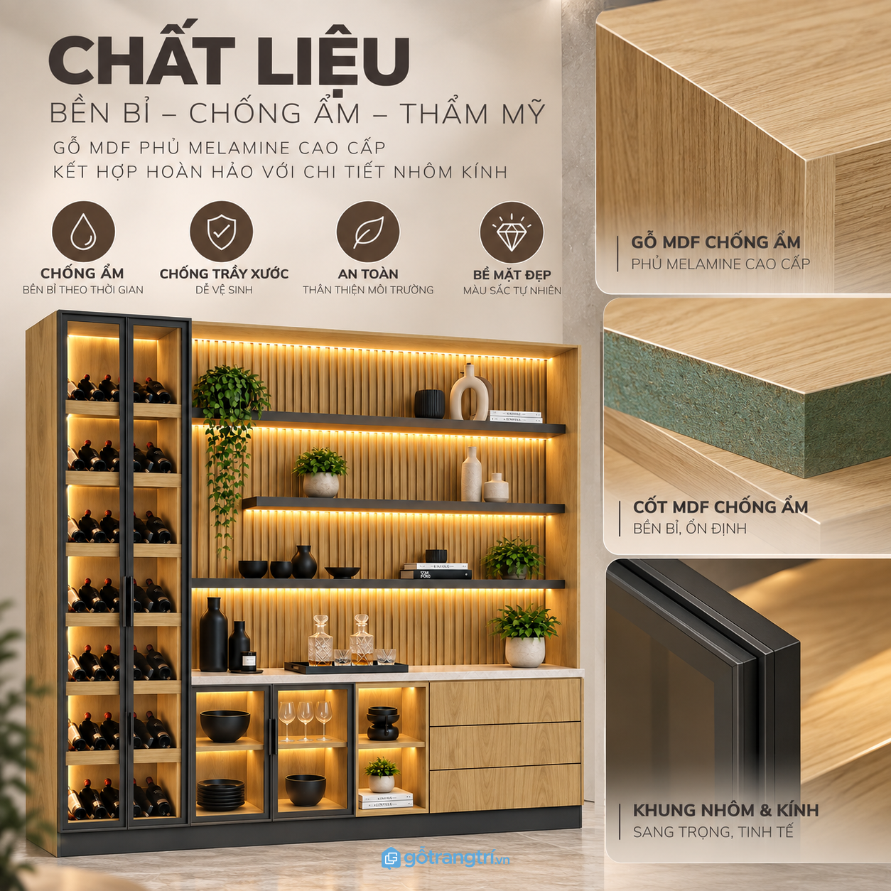 Bề mặt gỗ dễ phối, đèn LED làm nổi bật khu vực trưng bày