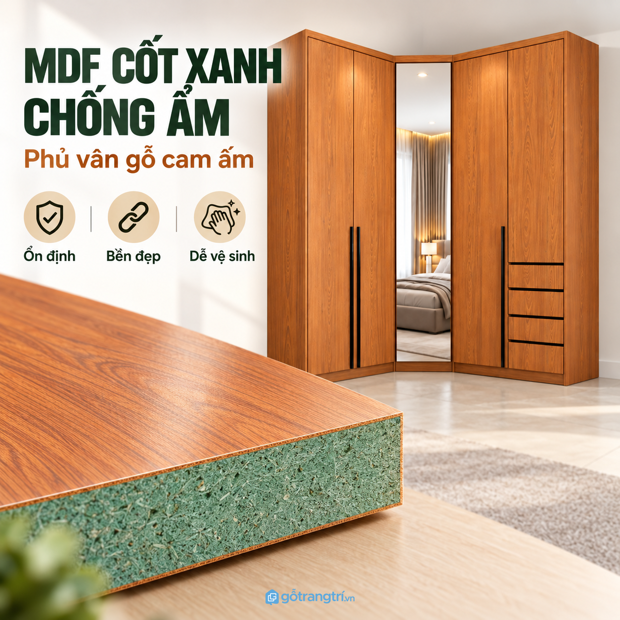 Bề mặt màu gỗ ấm, dễ vệ sinh và sử dụng