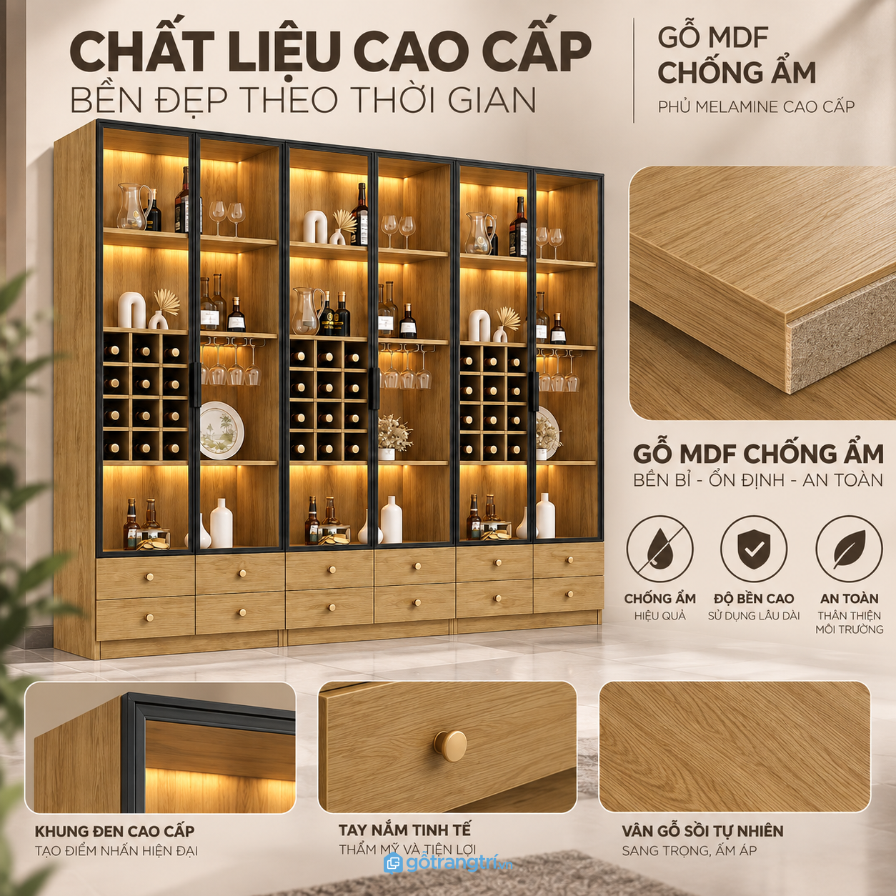 Bề mặt vân gỗ dễ phối, phù hợp sử dụng lâu dài