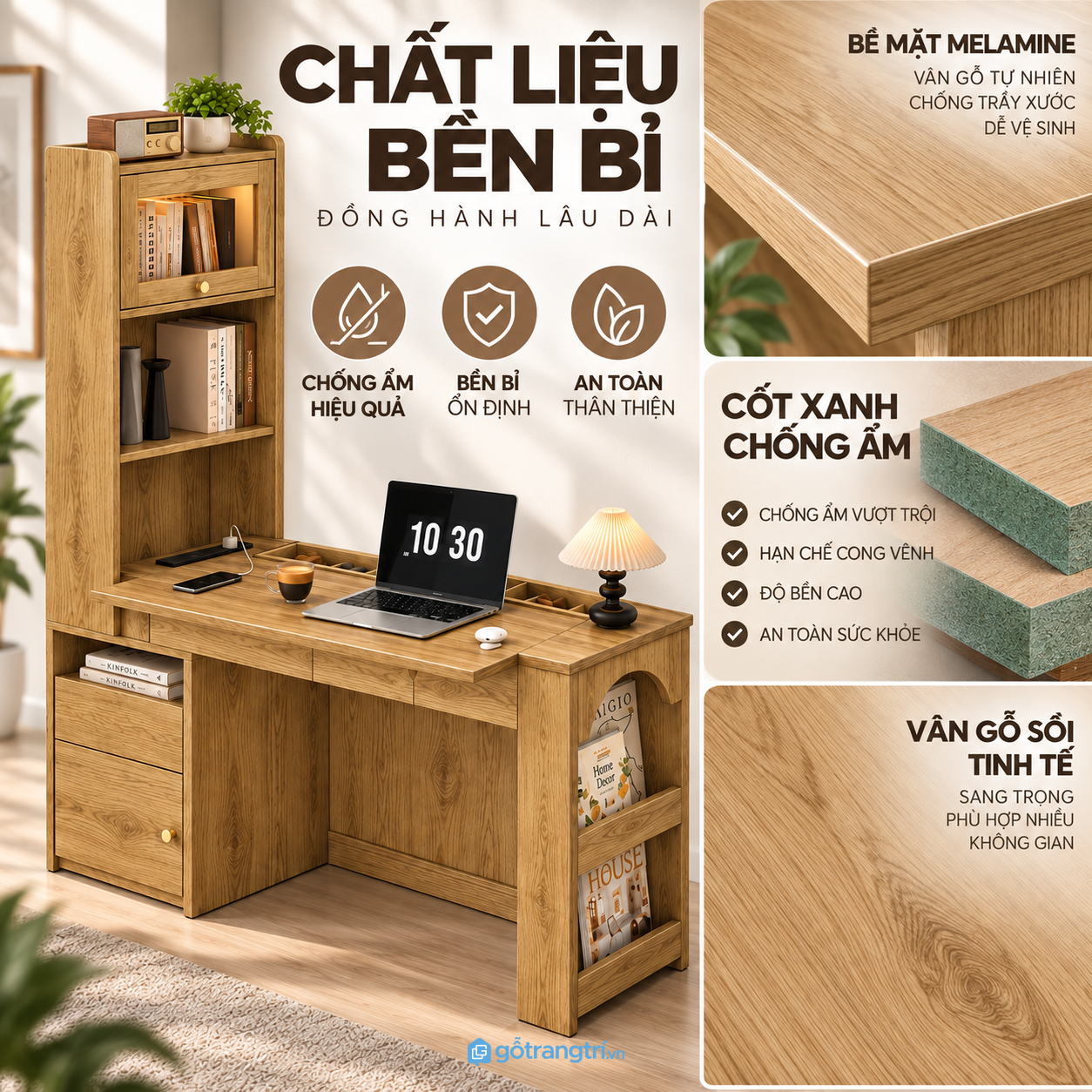 Bề mặt vân gỗ dễ phối, ưu tiên vật liệu chống ẩm