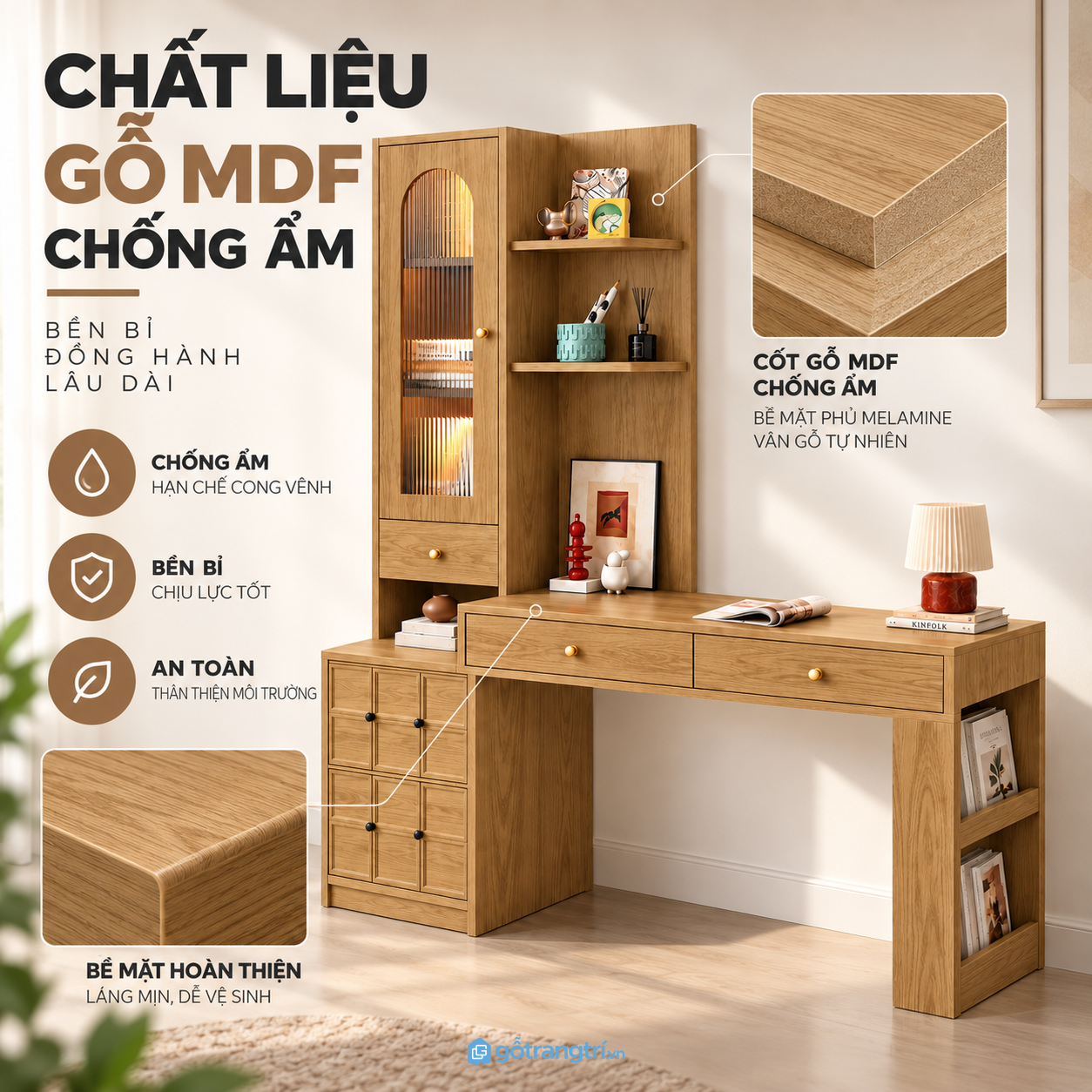 Bề mặt vân gỗ dễ phối với nội thất phòng ngủ