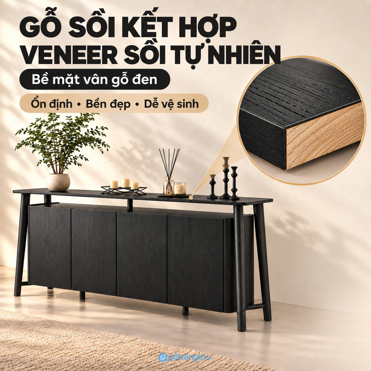 Bề mặt vân gỗ màu đen dễ phối nội thất Bề mặt vân gỗ màu đen dễ phối nội thất