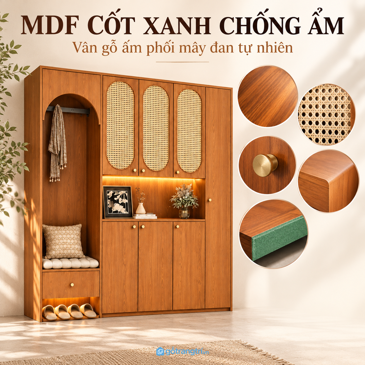 Bề mặt vân gỗ nâu ấm, dễ vệ sinh hằng ngày