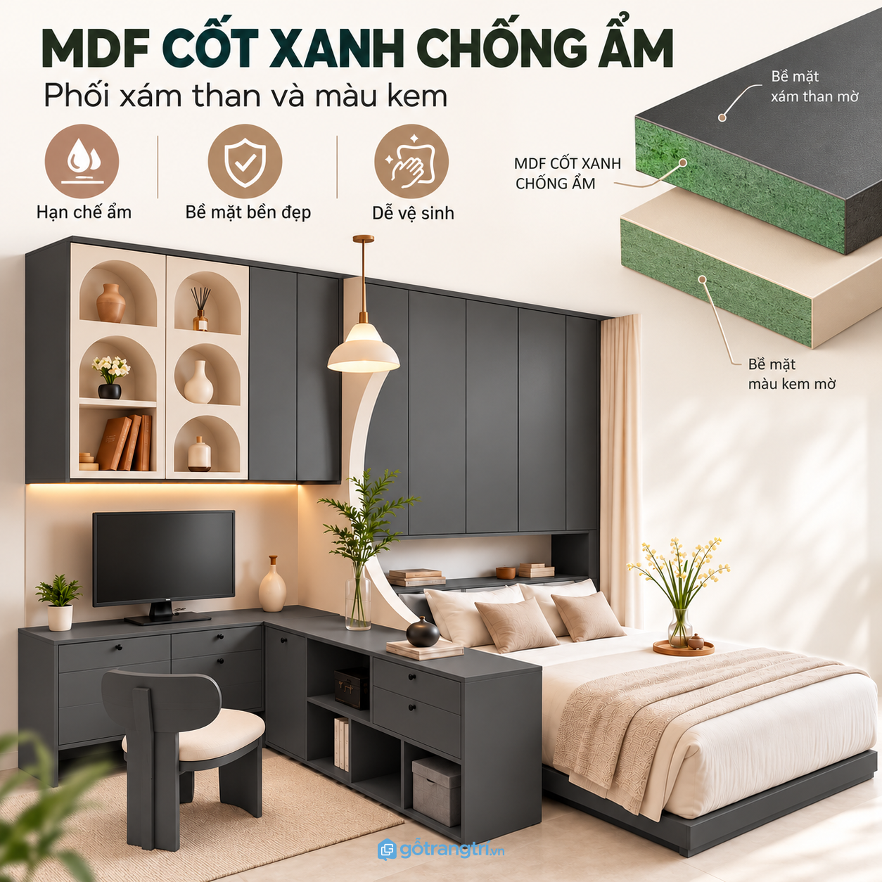 Bề mặt vân gỗ nâu dễ phối hợp với nội thất phòng ngủ
