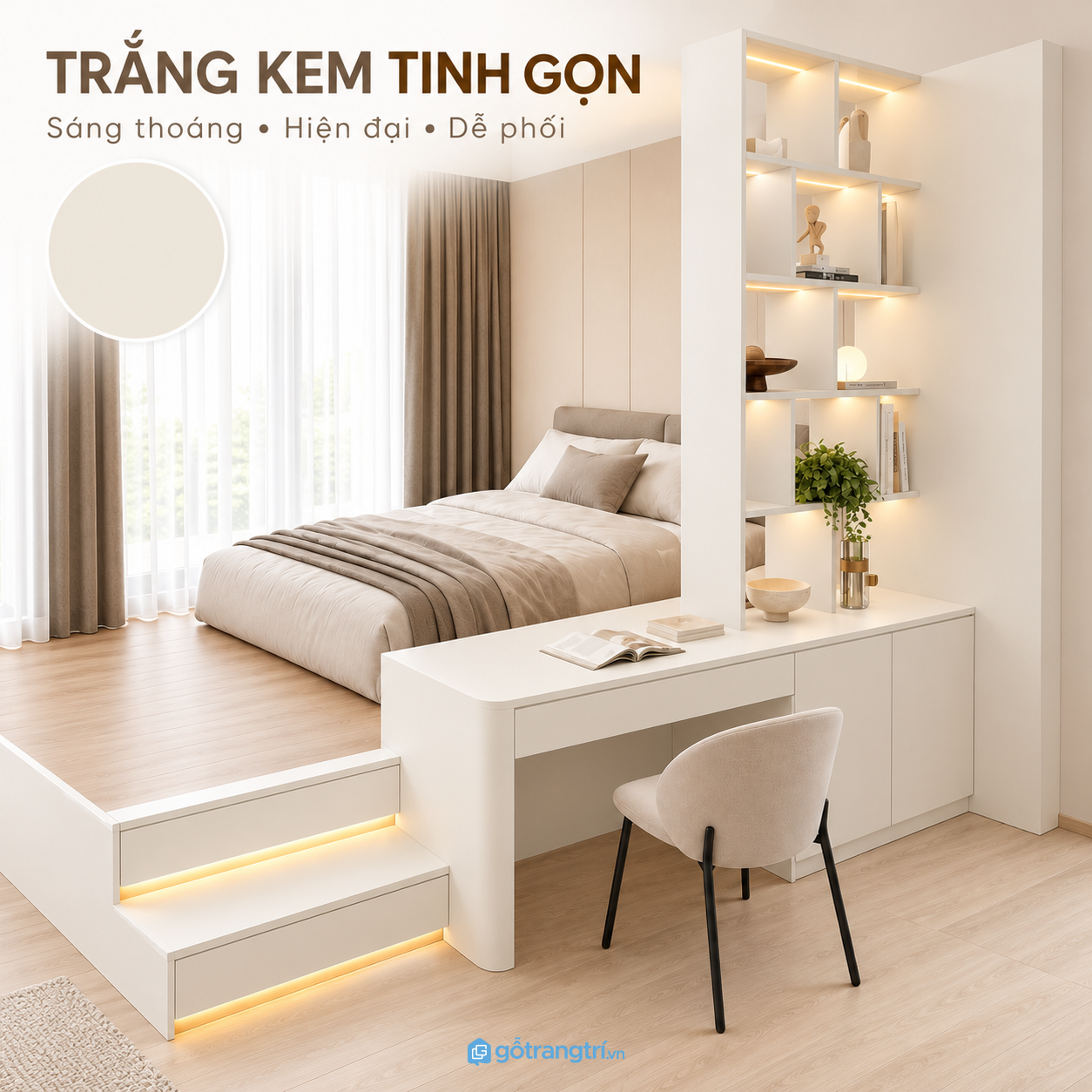 Bề mặt vân gỗ sáng, kết hợp ánh sáng LED