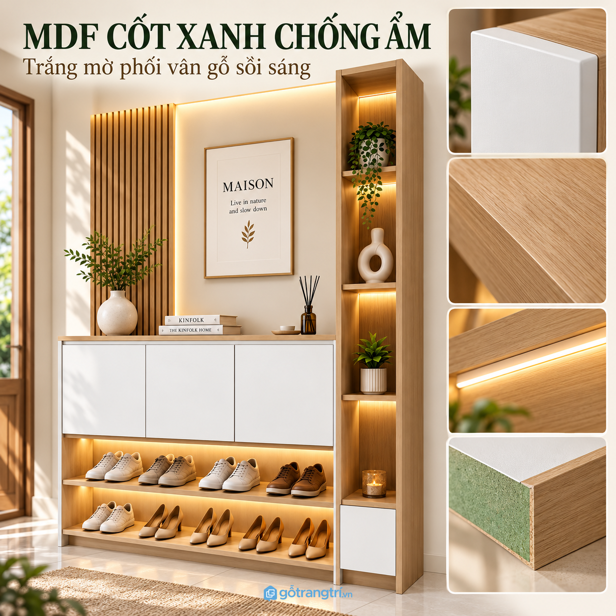 Chất liệu gỗ sáng màu, cần chú trọng độ bền và chống ẩm