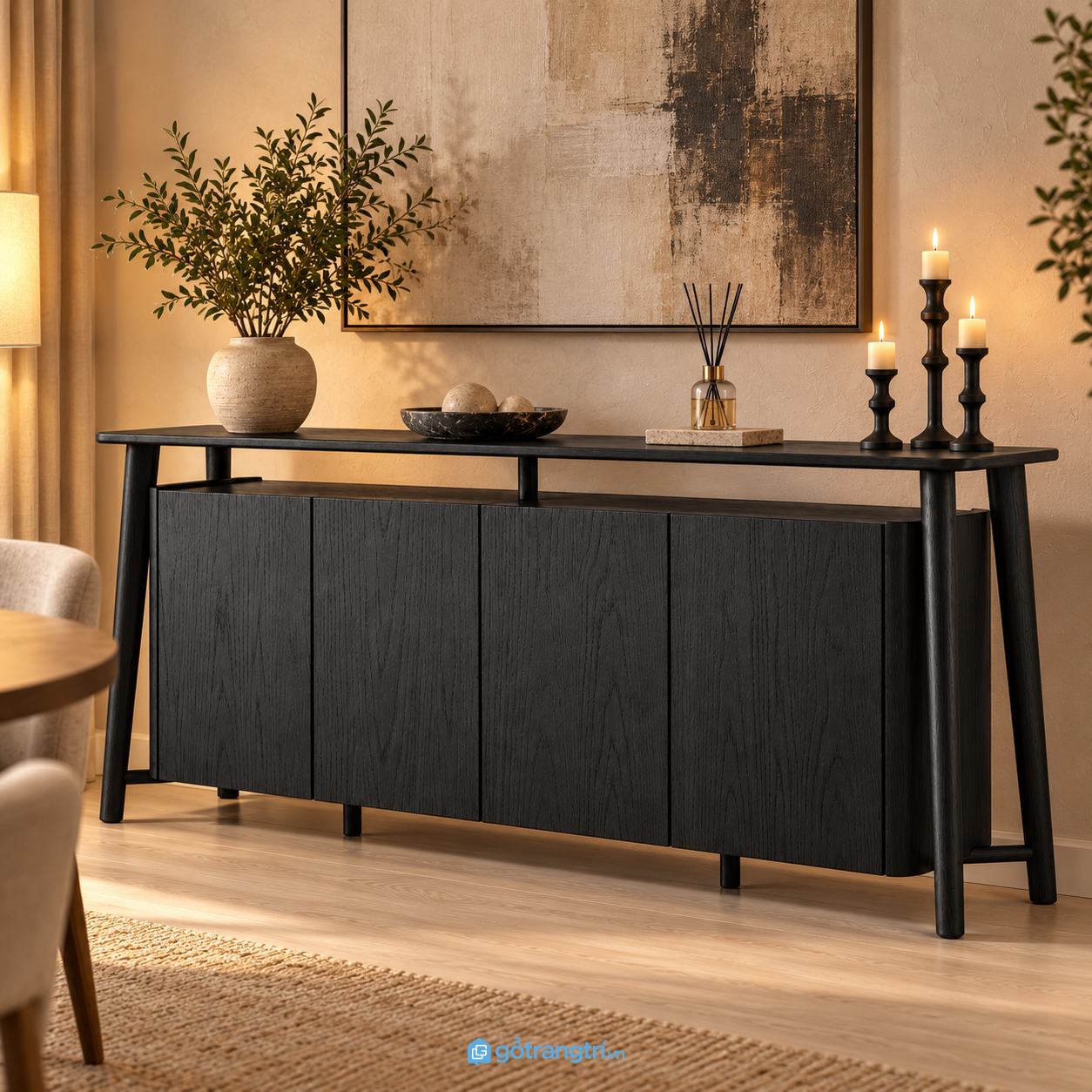 Chi tiết thiết kế Bàn console kết hợp tủ trang trí màu đen 4 cánh GHS-4064 Chi tiết thiết kế Bàn console kết hợp tủ trang trí màu đen 4 cánh GHS-4064