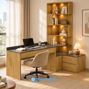 Chi tiết thiết kế Bàn làm việc chữ L liền kệ sách có tủ hiện đại GHS-4063