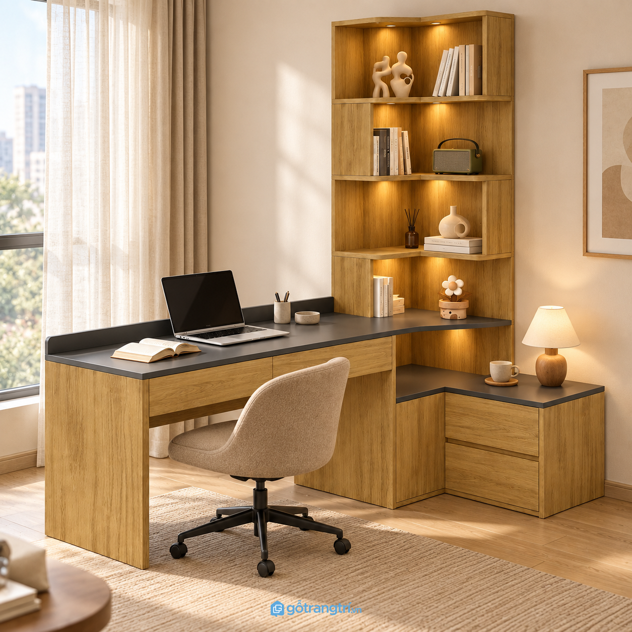 Chi tiết thiết kế Bàn làm việc chữ L liền kệ sách có tủ hiện đại GHS-4063 Chi tiết thiết kế Bàn làm việc chữ L liền kệ sách có tủ hiện đại GHS-4063