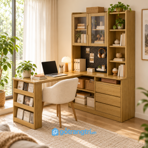 Chi tiết thiết kế Bàn làm việc chữ L liền tủ sách màu gỗ hiện đại GHS-4062