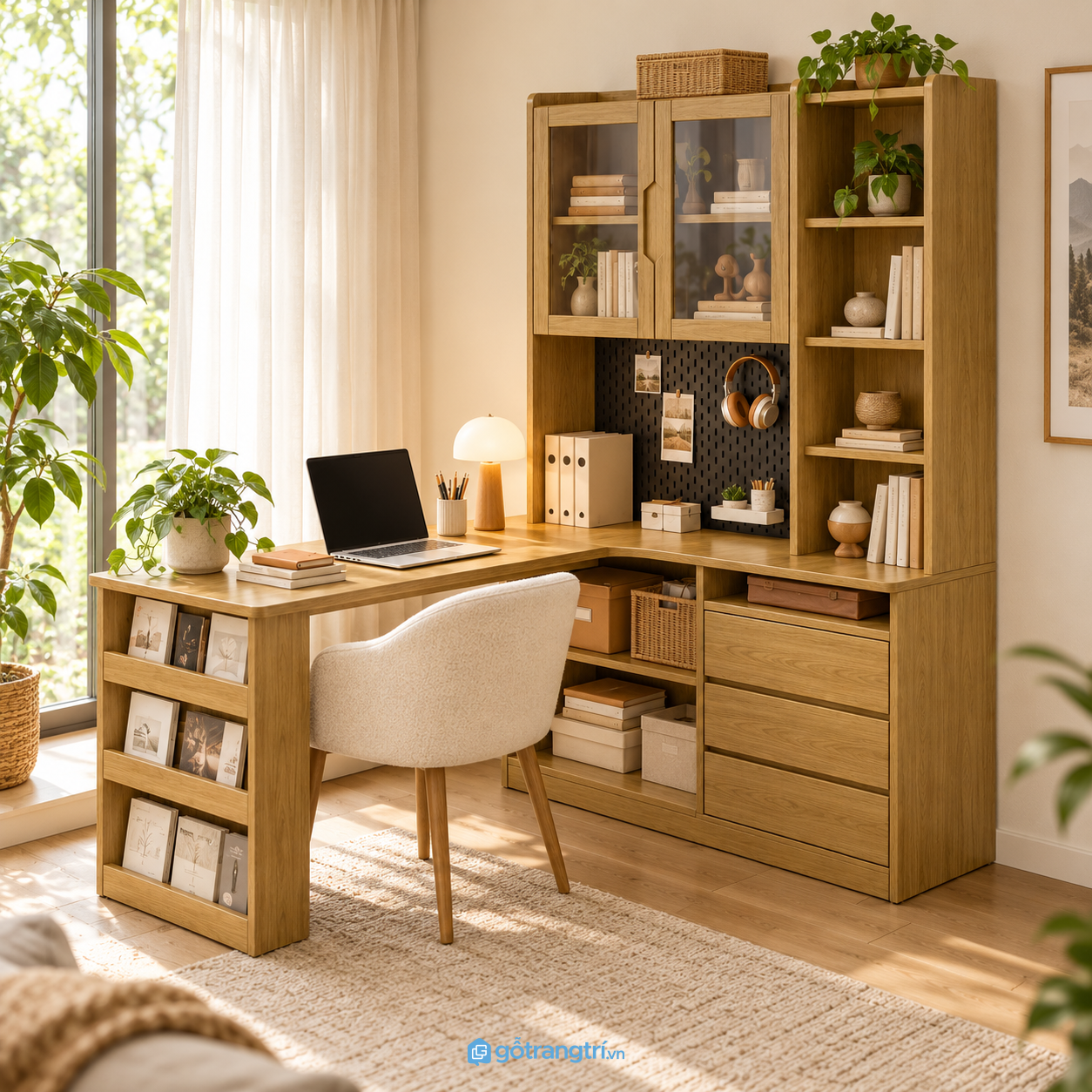 Chi tiết thiết kế Bàn làm việc chữ L liền tủ sách màu gỗ hiện đại GHS-4062