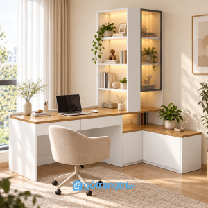 Chi tiết thiết kế Bàn làm việc chữ L liền tủ sách màu trắng GHS-4061