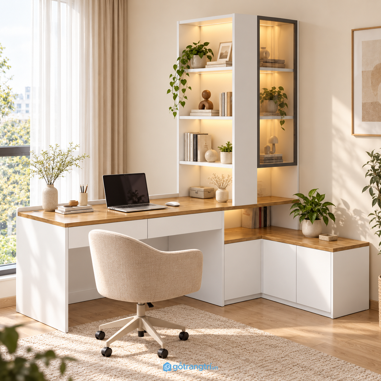 Chi tiết thiết kế Bàn làm việc chữ L liền tủ sách màu trắng GHS-4061
