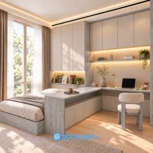 Chi tiết thiết kế Bàn làm việc liền giường ngủ gỗ công nghiệp hiện đại GHS-4067