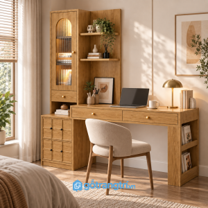 Chi tiết thiết kế Bàn làm việc liền tủ kính màu gỗ sáng 1m65 GHS-4062