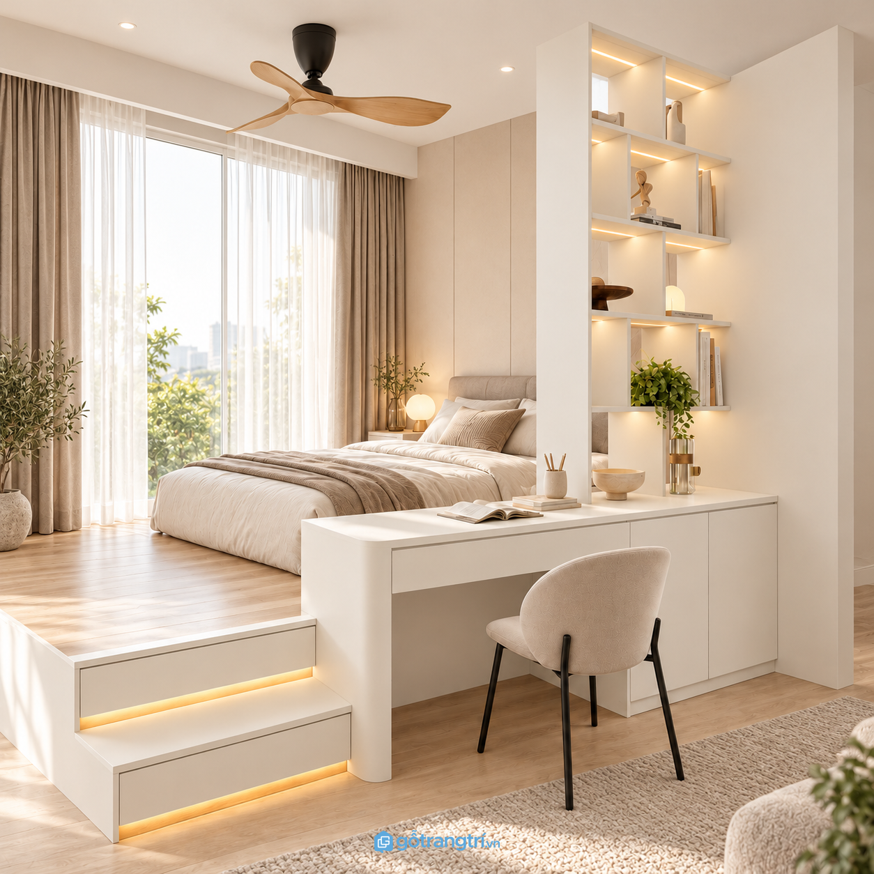 Chi tiết thiết kế Giường ngủ bục gỗ có bàn làm việc liền kệ trang trí GHS-9114