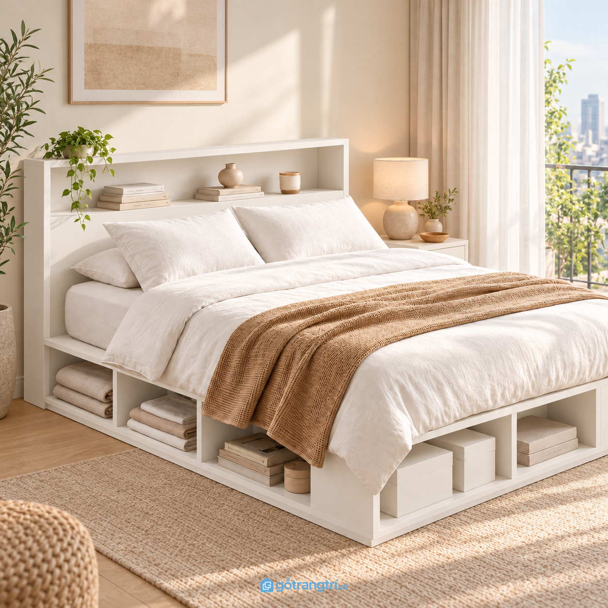 Chi tiết thiết kế Giường Ngủ Màu Trắng Có Kệ Để Đồ Hiện Đại 1m8 GHS-9126
