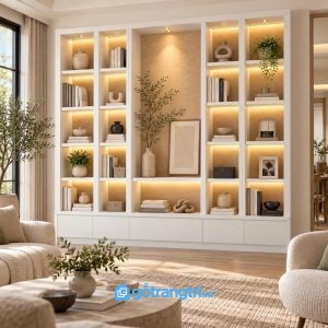 Chi tiết thiết kế Kệ tủ trang trí phòng khách có đèn LED hiện đại GHS-1022