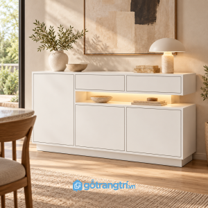 Chi tiết thiết kế Tủ buffet phòng khách màu trắng có đèn LED hiện đại GHS-5144