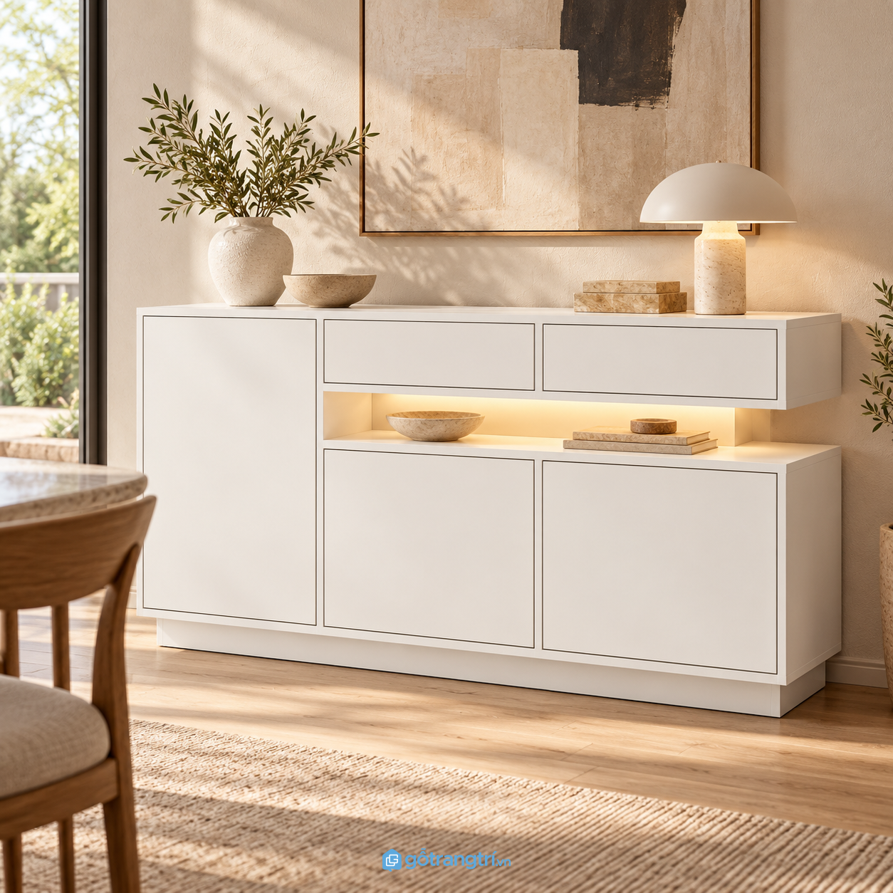 Chi tiết thiết kế Tủ buffet phòng khách màu trắng có đèn LED hiện đại GHS-5144