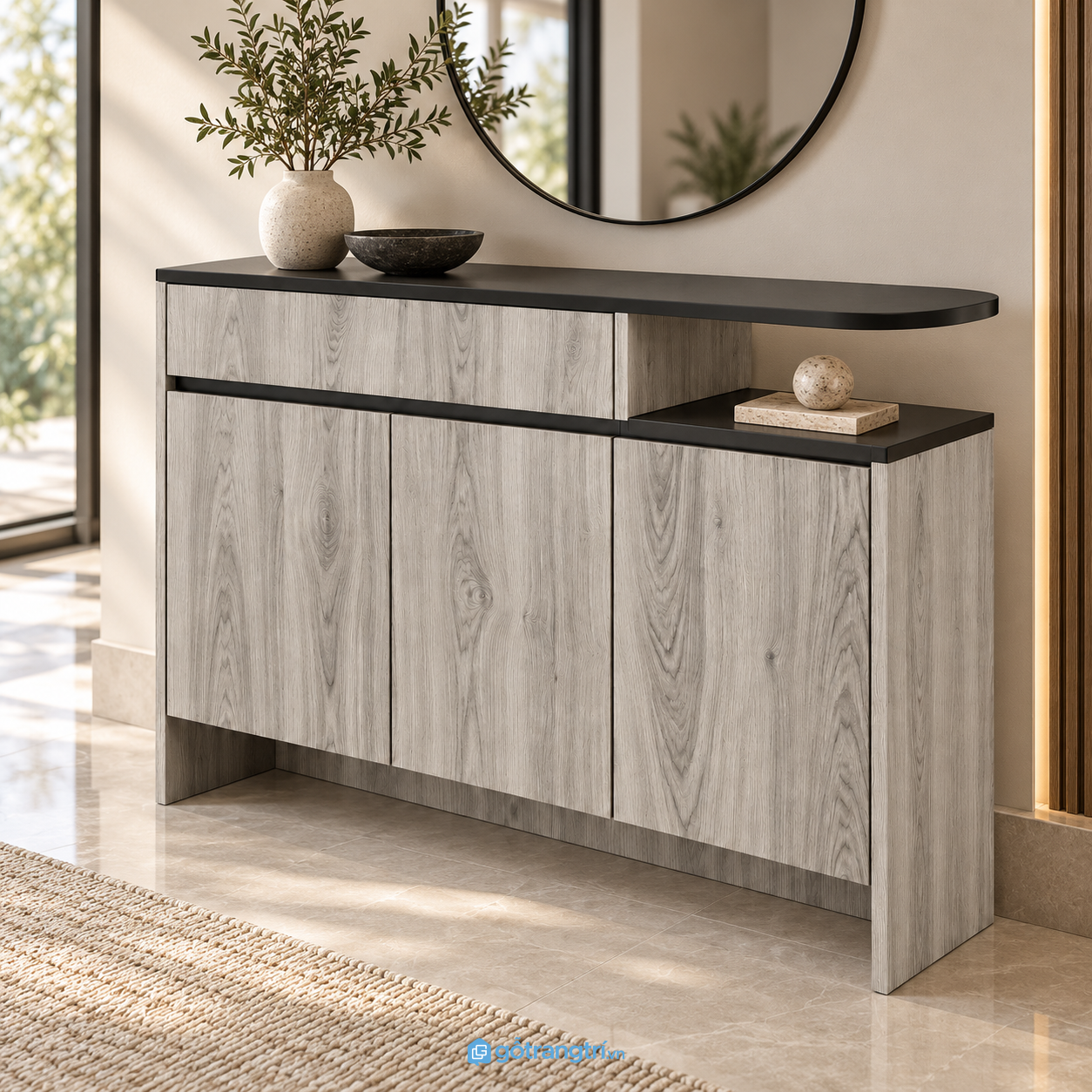 Chi tiết thiết kế Tủ Console Gỗ Nâu Mặt Đen Thiết Kế Lệch Tầng Hiện Đại H2: GHS-4069