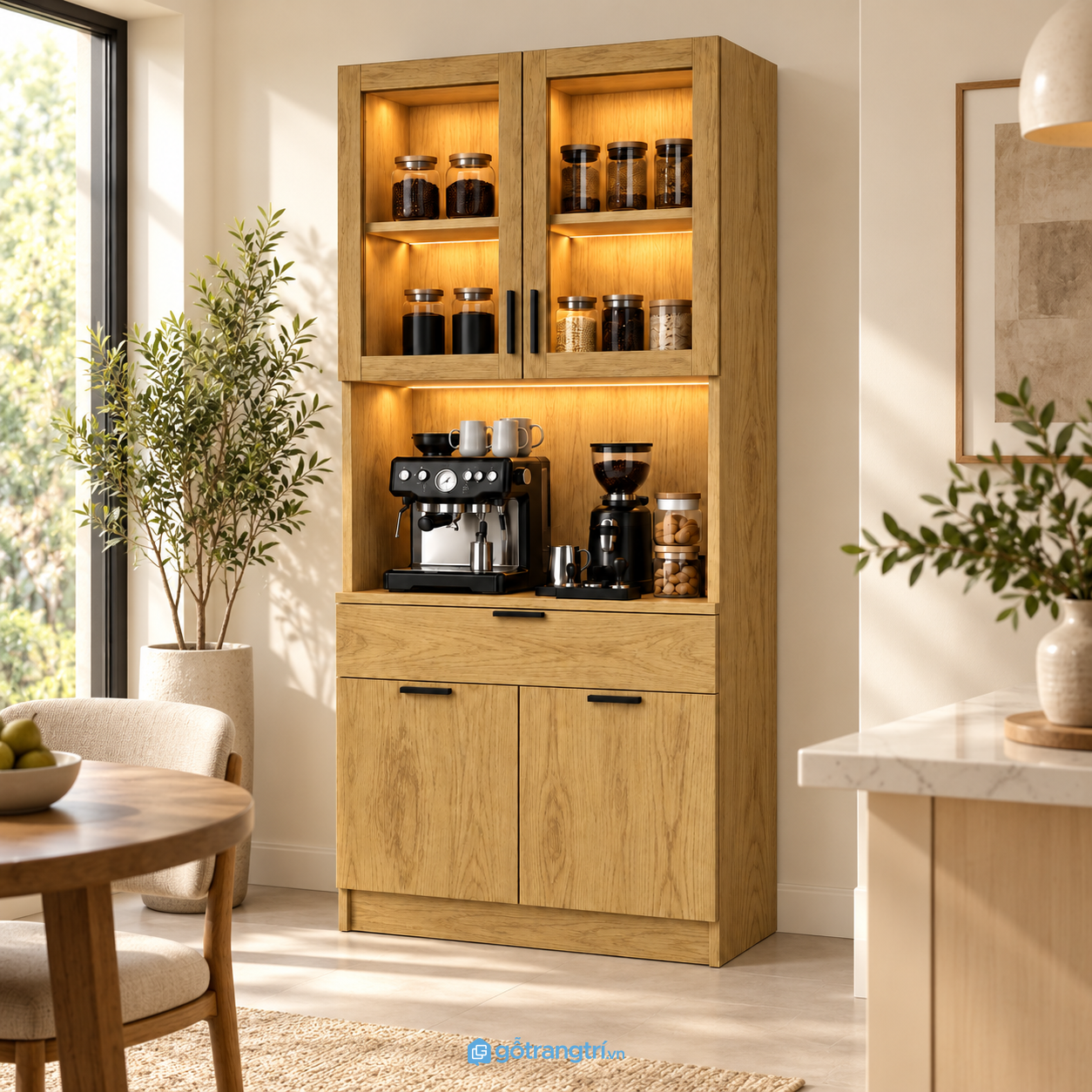 Chi tiết thiết kế Tủ pantry gỗ có quầy pha cà phê hiện đại GHS-5125