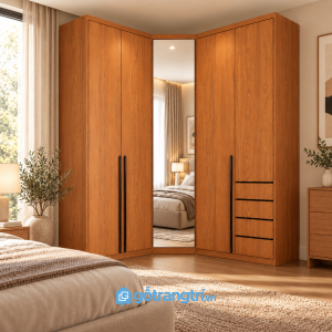 Chi tiết thiết kế Tủ quần áo chữ L có gương toàn thân và ngăn kéo GHS-5118
