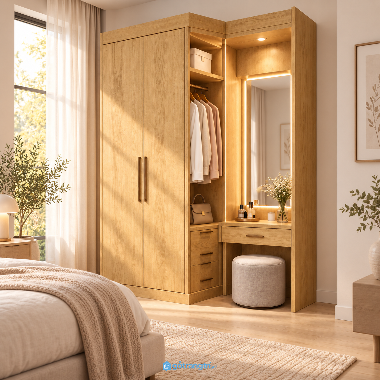 Chi tiết thiết kế Tủ quần áo liền bàn trang điểm có khoang treo đồ GHS-5112