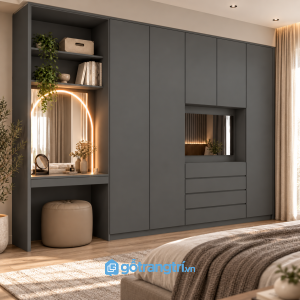 Chi tiết thiết kế Tủ quần áo màu xám liền bàn trang điểm có kệ GHS-5110