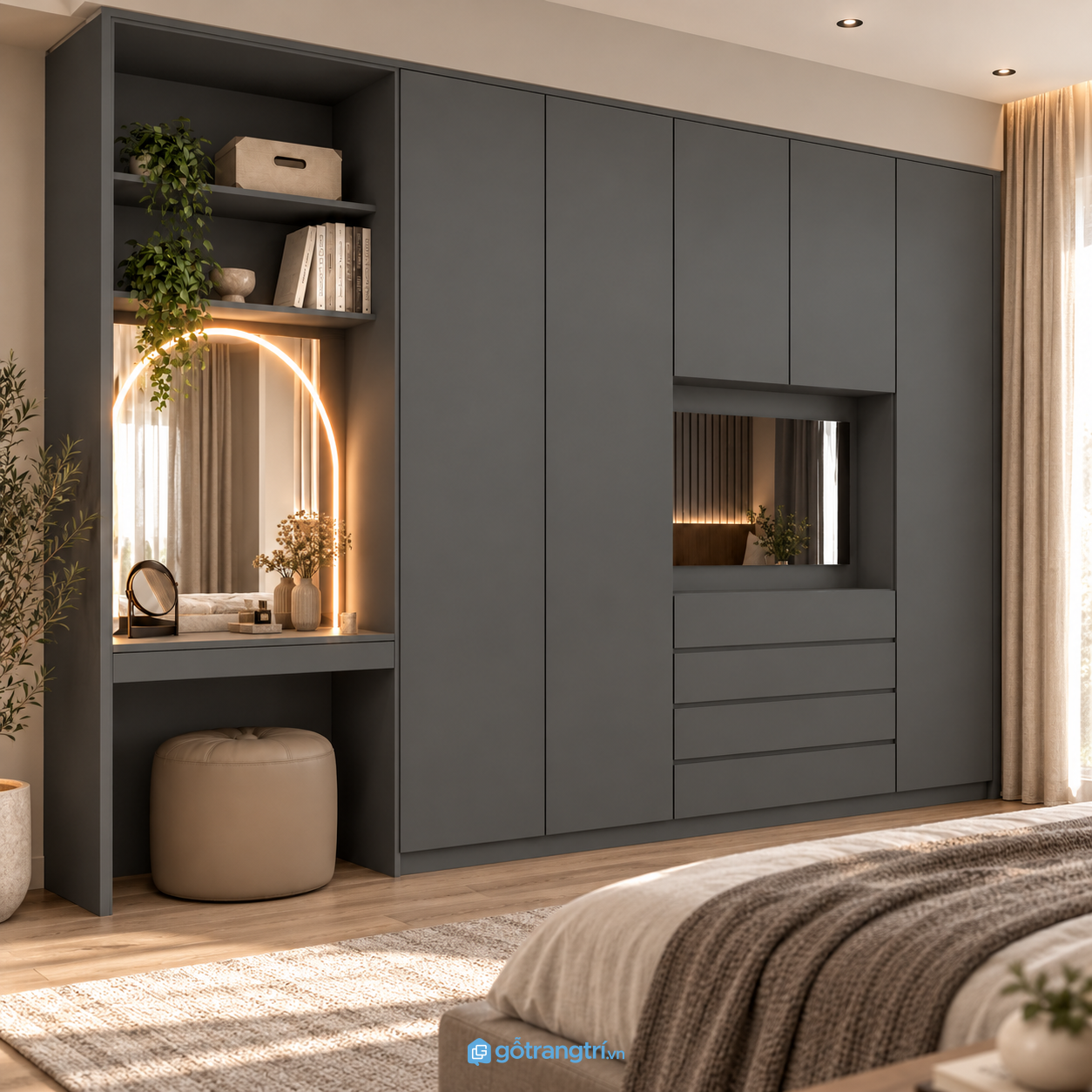Chi tiết thiết kế Tủ quần áo màu xám liền bàn trang điểm có kệ GHS-5110