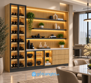 Chi tiết thiết kế Tủ rượu kết hợp kệ trang trí có đèn LED GHS-5096