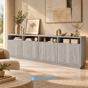 Chi tiết thiết kế Tủ trang trí 5 cánh màu xám có kệ mở GHS-5107