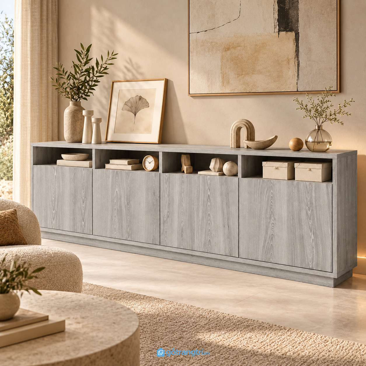 Chi tiết thiết kế Tủ trang trí 5 cánh màu xám có kệ mở GHS-5107