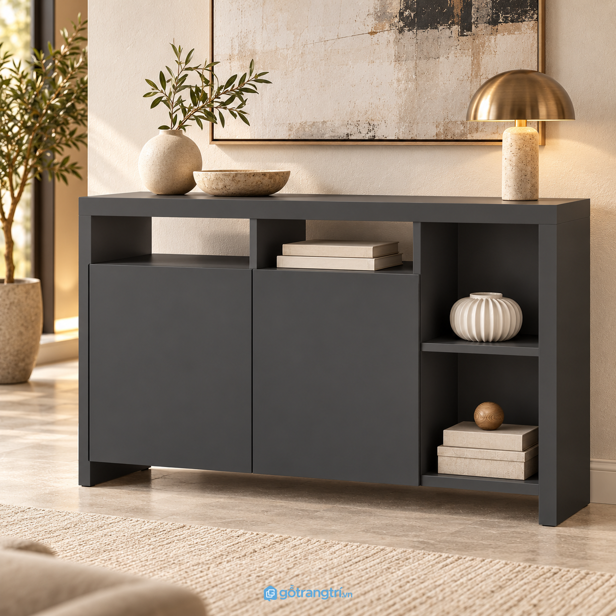 Chi tiết thiết kế Tủ trang trí màu xám 2 cánh kết hợp kệ mở GHS-5106 Chi tiết thiết kế Tủ trang trí màu xám 2 cánh kết hợp kệ mở GHS-5106