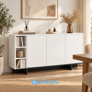 Chi tiết thiết kế Tủ trang trí phòng khách màu trắng có kệ hở GHS-5103
