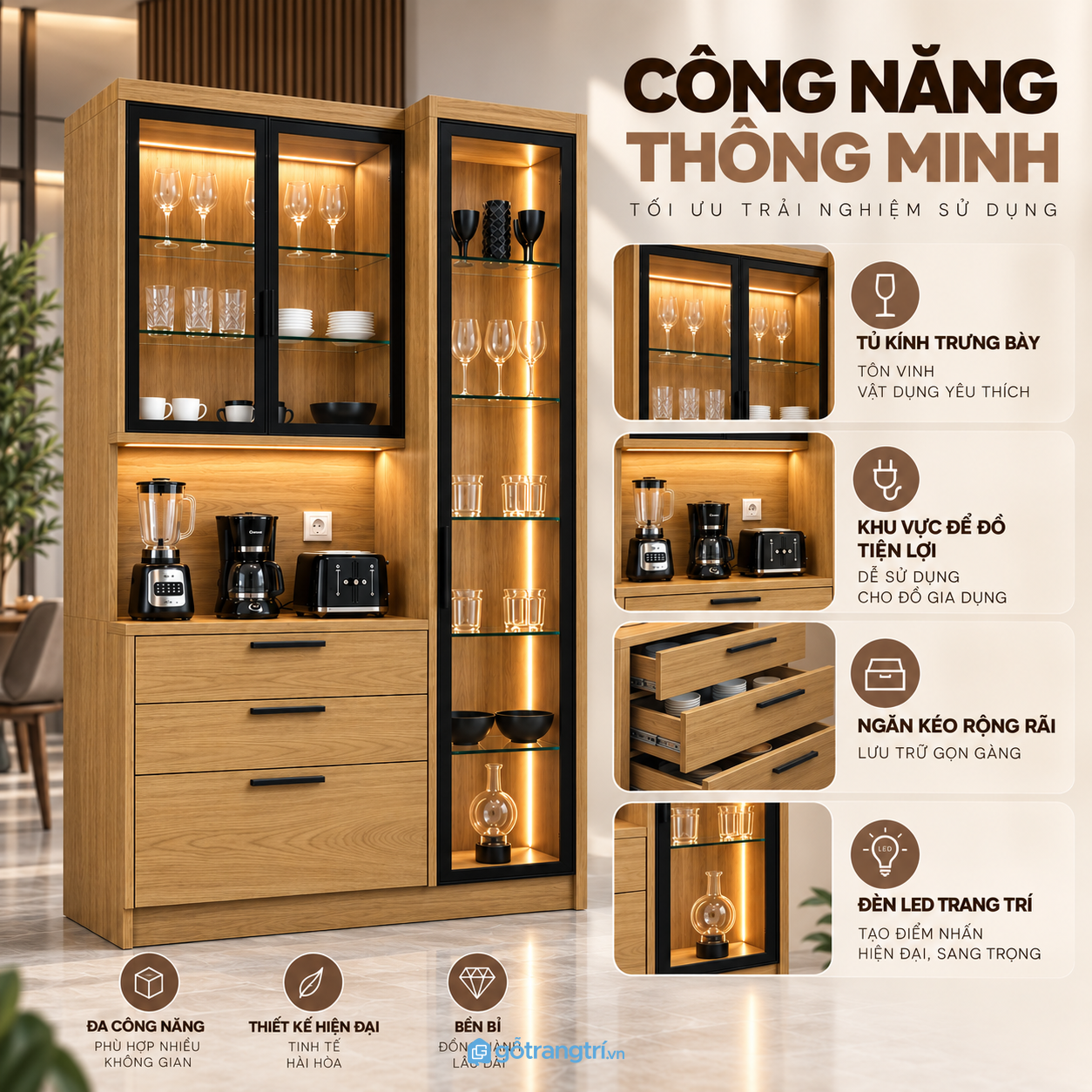 Công năng lưu trữ và pha chế được phân chia rõ ràng Công năng lưu trữ và pha chế được phân chia rõ ràng