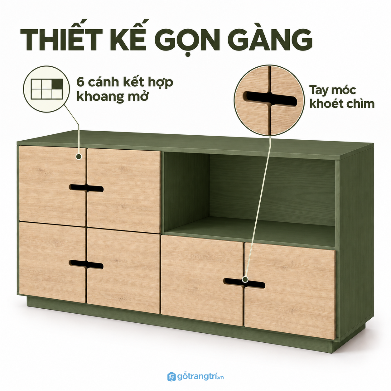 Dáng tủ thấp với tay kéo khoét gọn