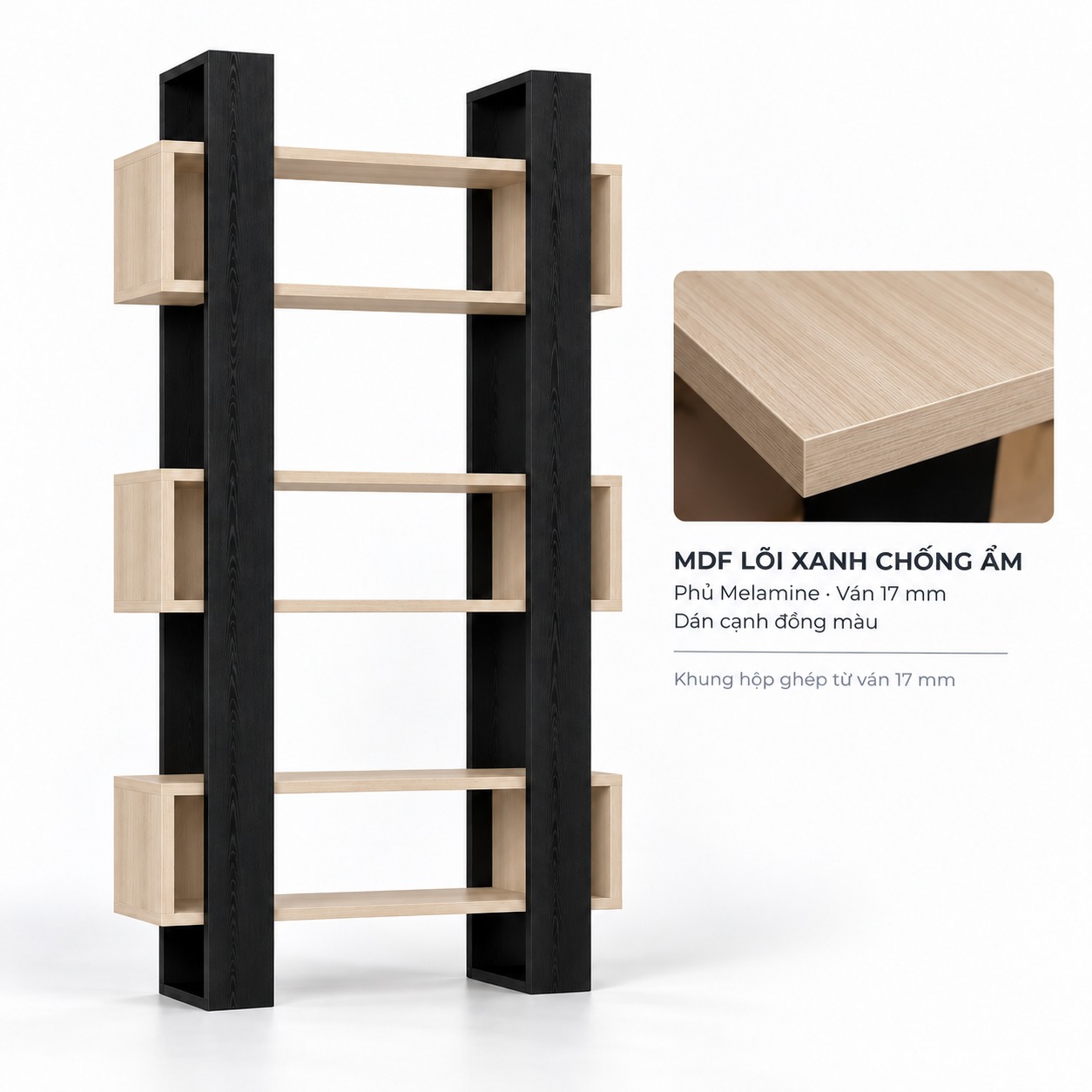 Phương án MDF phủ Melamine và cạnh dán đồng màu kệ sách hai trụ khung hộp GHS-2678