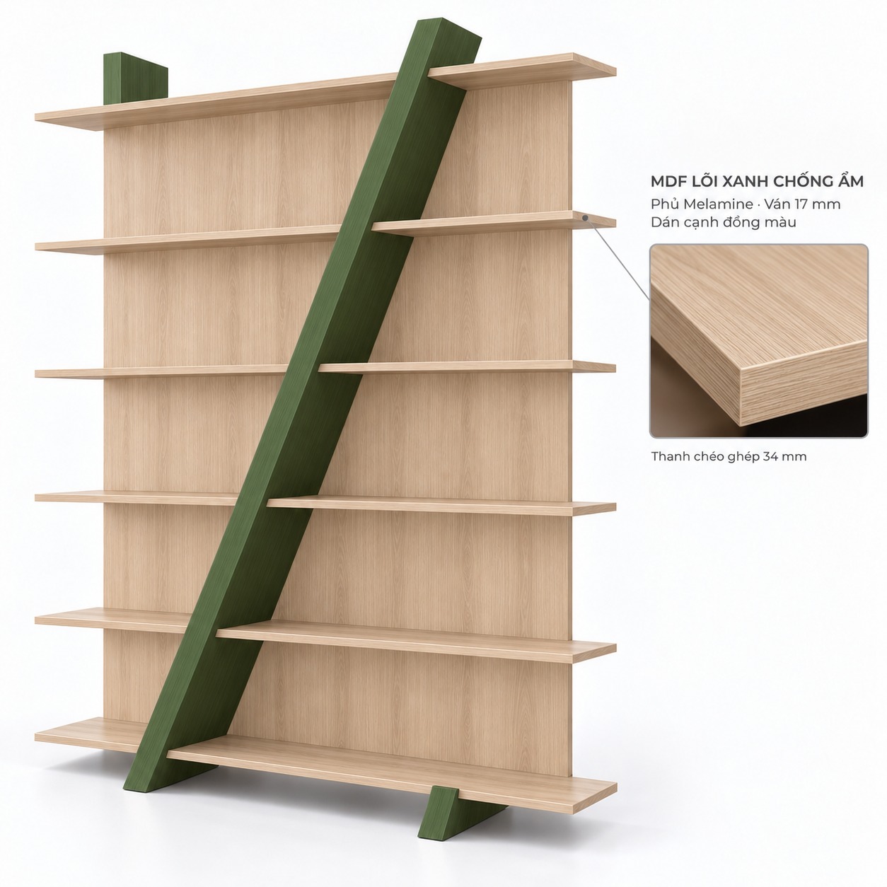 Phương án MDF phủ Melamine và cạnh dán đồng màu kệ trang trí thanh chéo sáu tầng GHS-2679