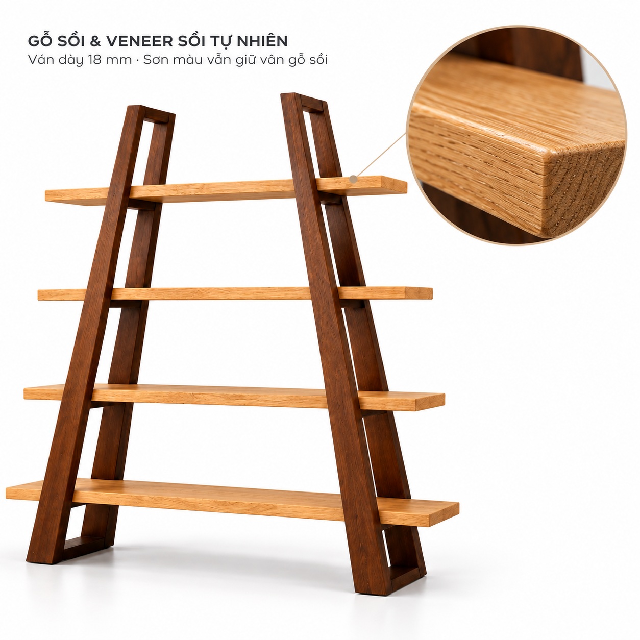 Gỗ sồi kết hợp veneer sồi, tấm18mm và mép gỗ bo mềm trên kệ GHS-2680