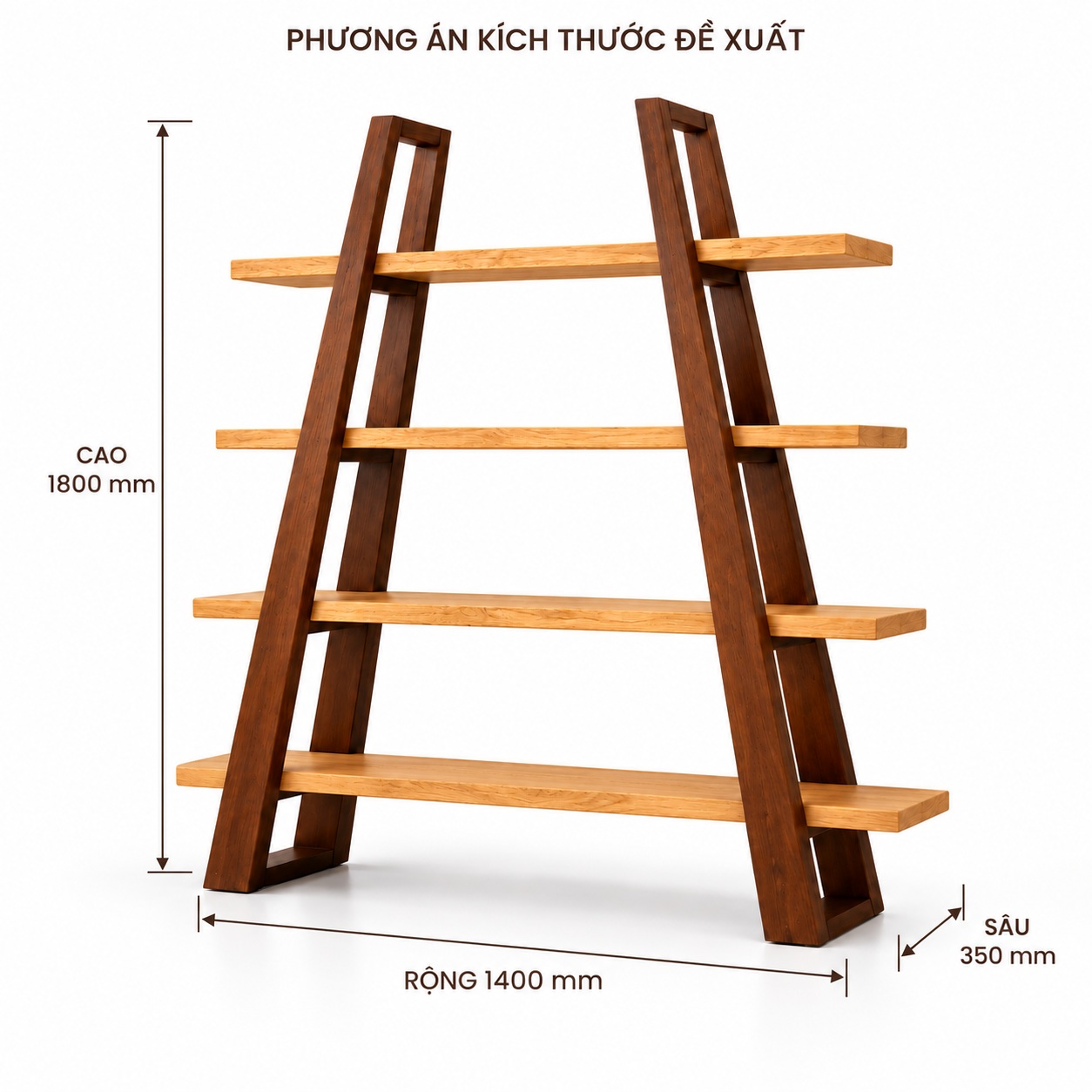 Kích thước đề xuất rộng1400, sâu350, cao1800mm cho kệ gỗ sồi GHS-2680