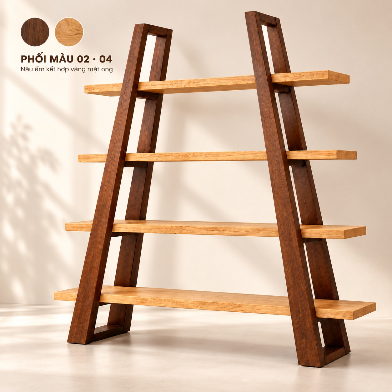 Phối nâu ấm02 và vàng mật ong04 giữ vân sồi trên kệ GHS-2680
